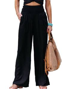 lot 91665 image: Zontroldy Cotton Linen Wide Leg Pants for Women Casual Elastic High Waist Smocked Palazzo Lounge Pants(0718-Black1-S)