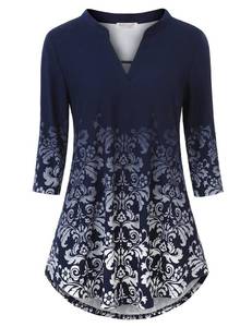 lot 91670 image: BAISHENGGT Womens Tunics Notch V Neck Tops 34 Sleeve Work Blouses Dressy Casual Going Out Shirts Large Blue Floral