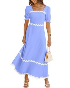 lot 91673 image: BTFBM Summer Smocked Dress Women Square Neck Puff Sleeve Tie Back RIC Rac Resort Dress Flowy Maxi Beach Vacation Dresses(Solid Blue, X-Large)