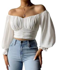 lot 91680 image: MIRACMODA Womens Elegant Off The Shoulder Puff Sleeve Blouse Summer Chiffon Slim Fit Party Crop Top White