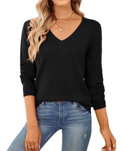 lot 91683 image: QUALFORT Womens 100% Cotton Sweater V Neck Long Sleeve Knitted Sweaters Black Medium