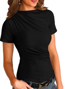 lot 91686 image: LOLONG Womens Black Shirt Summer Short Sleeve Business Casual Ruched Boat Neck Slim Fitted Basic Tee Tops Solid Chic Blouses
