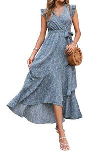 lot 91688 image: Faculol Womens Summer Dresses 2023 V Neck Cap Sleeve Ruffle Hem Tie Waist Boho Floral Casual Maxi Dress Blue, L