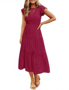 lot 91689 image: ZESICA Womens 2024 Summer Casual Flutter Short Sleeve Crew Neck Smocked Elastic Waist Tiered Midi Dress,Plum,Medium
