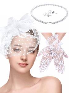 lot 91691 image: 4 Pcs 50s Fascinators Hat for Women Tea Party with Short Lace Gloves Pearl Necklace Earrings for Wedding Halloween Funeral(White)