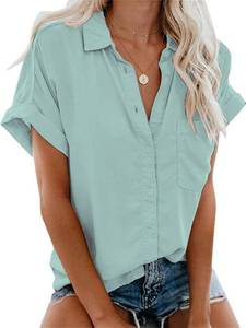 lot 91698 image: APRAW Womens Casual Short Sleeve Button Down Shirts Summer Cotton Plain Top Blouses with Pockets Teal