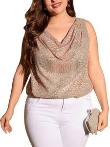 lot 91700 image: MakeMeChic Womens Plus Size Sequin Shiny Party Blouse Tank Top Sleeveless Cowl Neck Camisole Vest Summer Shirt Top Champagne 3XL