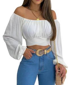lot 91701 image: MIRACMODA Woman Off Shoulder Ruched Tie Back Crop Top Summer Lantern Sleeve Boho Shirt Blouse A-White
