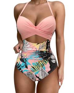 lot 91708 image: SUUKSESS Women Sexy Cutout One Piece Swimsuits Push Up High Waisted Monokini Bathing Suits (Pink Floral, M)