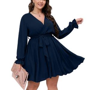 lot 91709 image: SCOMCHIC Womens Plus Size Long Sleeve Wrap V Neck Tie Waist A Line Mini Dress Navy Blue
