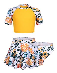 lot 91714 image: Arshiner Girls Short Sleeve Crop Top 3-Pieces Swimsuit Rash Guard Set Sun Protection Yellow Floral Size 7-8