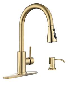 lot 91720 image: APPASO Gold Kitchen Faucet with Soap Dispenser, Brushed Gold Kitchen Sink Faucet with Pull Down Sprayer, Modern High Arch Single Handle Sink Faucet for Kitchen, 3 Modes & Champagne Gold