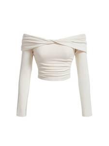 lot 91729 image: GORGLITTER Womens Ruched Off Shoulder Tee Long Sleeve Ribbed Knit Crop T Shirts Tops Beige Medium