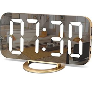 lot 91737 image: SZELAM Digital Alarm Clock,LED and Mirror Desk Clock Large Display,with Dual USB Charger Ports,3 Levels Brightness,1224H,Modern Electronic Clock for Bedroom Home Living Room Office - Gold