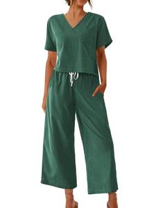 lot 91738 image: Ekouaer Womens 100% Cotton Linen Lounge Set Short Sleeve Top Wide Leg Pant Pajama Set Outfits,Viridian,X-Large