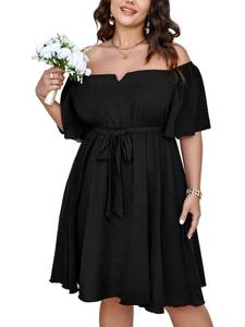 lot 91740 image: SCOMCHIC Womens Plus Size Cocktail Dress Summer Off Shoulder Short Sleeve Flowy Ruffle A-Line Cute Mini Dress with Belt Black