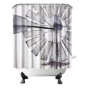 lot 86702 image: OuElegent Windmill Shower Curtain Set Vintage Farmhouse Sketch Windmill Bathroom Decor Rustic Western Country Style Bath Curtain Waterproof Polyester Fabric with Hooks 72x72