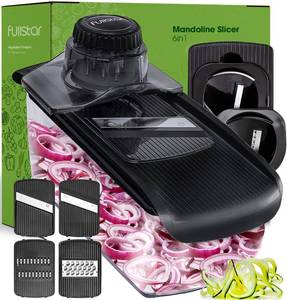 lot 86704 image: Fullstar Mandoline Slicer for Kitchen, Cucumber Slicer, Cheese Grater Vegetable Spiralizer and Veggie Slicer for Cooking, Kitchen Gadgets Organizer & Safety Glove Included (6 in 1, White)