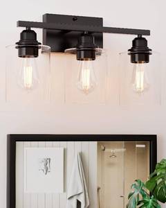 lot 86710 image: Sailstar 3-Light Bathroom Light Fixtures, Matte Black Bathroom Vanity Light, Modern Vanity Light Fixture Over Mirror with Clear Glass Shade, Small Bathroom Light for Mirror Living Room Hallway Cabinet
