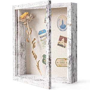 lot 86714 image: Califortree 8x10 Shadow Box Frame with Linen Back - Real Glass, Push Pins Included, Sturdy Rustic Memory Display Case, Distressed White