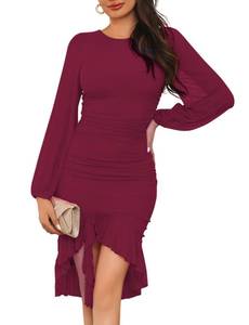 lot 86715 image: FANTOYE Womens Ruched Bodycon Lantern Long Sleeve Midi Dress Crew Neck Ruffle Hem Party Mesh Dresses White Large