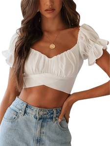 lot 86730 image: LYANER Womens Ruffle Short Sleeve Tie Up Back Crop Top Off Shoulder Bardot Blouse White Medium