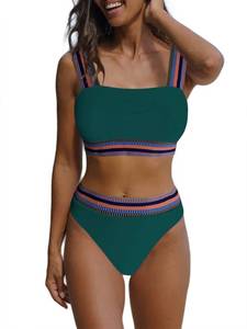lot 86736 image: Hilinker Womens V Neck Strappy Bikini Set Color Block High Waisted 2 Piece Swimsuit Black Small