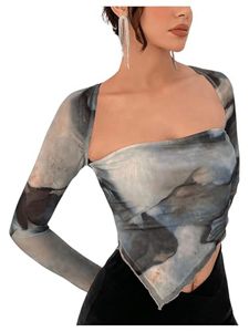lot 86737 image: SOLY HUX Sexy Crop Tops for Women Long Sleeve Square Neck Asymmetrical Y2k Going Out Crop Tops Fall Outfits for Women Multi Tie Dye Medium