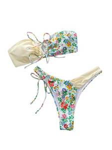 lot 86746 image: MakeMeChic Womens Two Piece Bandeau Swimsuit Boho Ring Strapless High Cut Bikini Sets Bathing Suit A Multi Small