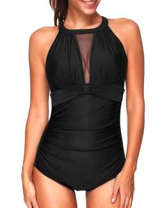 lot 86753 image: Tempt Me Women One Piece Swimsuit Black High Neck V-neck Mesh Ruched Monokini L