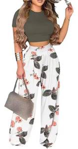 lot 87924 image: 2 Piece Outfits for Women Sexy Backless Short Sleeve Crop Top High Waist Wide Leg Long Pant Sets Tracksuit Sport Set 2XL
