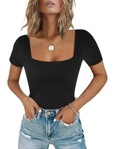 lot 87936 image: Chunpin Womens Sexy Square Neck Short Sleeve Bodysuit Tops Double Lined Thong Bodysuit Black XXL