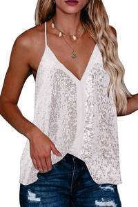 lot 87937 image: Beyove Sequin Top Camisole for Women V Neck Spaghetti Strap Tank Tops Sleeveless Blouse, Silver Medium