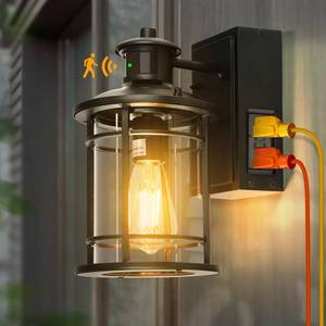 lot 87945 image: Outdoor Wall Light Fixtures, Dusk to Dawn Motion Sensor Outdoor Porch Light with GFCI Outlet & 3 Modes, Exterior Waterproof Lantern Sconce Lighting Lamp Anti-Rust Outside Lights for House Garage Patio