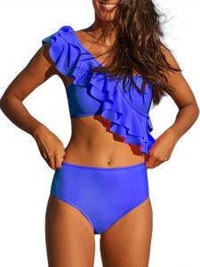 lot 87949 image: Hilinker Womens Ruffle One Shoulder High Waist Bikini Swimsuit 2 Piece Bathing Suit Royal Blue Medium