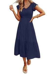 lot 87956 image: MEROKEETY Womens Summer Casual Ruffle Midi Dress V Neck Smocked Flowy Long Sun Dress, Navy, XL