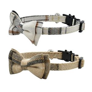 lot 87959 image: Cat Collar Breakaway with Bell and Bow Tie, Plaid Design Adjustable Safety Kitty Kitten Collars(6.8-10.8in) (White&Cream Color Plaid)