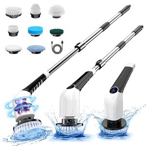 lot 87972 image: Keimi Electric Spin Scrubber, 2024 New Cordless Voice Prompt Shower Cleaning Brush with 8 Replaceable Brush Heads, 3 Adjustable Speeds, and Adjustable Extension Handle for Bathroom Floor Tile - Retail $75.42