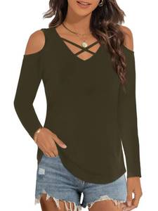 lot 87985 image: Elesomo Women Long Sleeve Shirts Cold Shoulder Criss Cross V Neck Tops T-Shirts, Army Green L