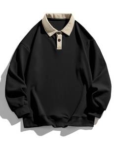 lot 87993 image: ZAFUL Mens Long Sleeve Color Spliced Polo Collar Sweatshirts Casual Loose Fit Lightweight Pullover Hoodies Black XL