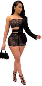 lot 88000 image: Womens Sexy 3 Pieces Rhinestone Crop Tops Bodycon Shorts Blazer Jackets Party Clubwear Tracksuit Outfits Set(Black,S)