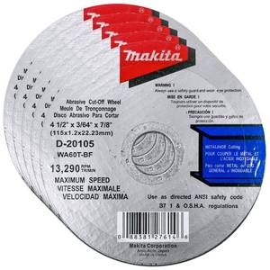 lot 88003 image: Makita 5 Pack - 4.5 Cut Off Wheels For 4.5 Grinders - Aggressive Cutting For Metal & Stainless SteelINOX - 4-12 x .045 x 78-Inch