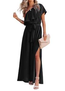 lot 88015 image: KIRUNDO 2024 Womens Maxi Dress Ruffle One Shoulder High Waist Split Beach Party Wedding Guest Long Dresses with Belt, Black, XX-Large
