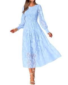 lot 88016 image: BTFBM Casual Womens 2023 Fall Dresses Elegant Wedding Guest Dress Long Sleeve Floral Midi Dress Flowy Bohemian Long Dress(Blue,X-Large)