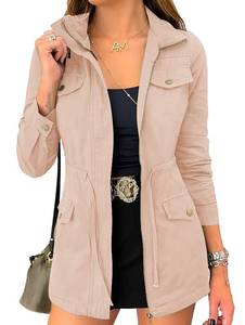 lot 88019 image: Saudacdn Womens Button Zip Up Jacket Military Anorak Long Sleeve Utility Drawstring Waist Coat Lightweight