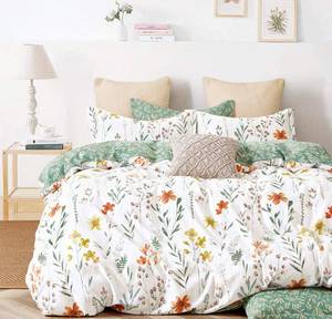lot 88022 image: SLEEPBELLA Duvet Cover King, 600 Thread Count Cotton 3pcs Bedding Set Yellow Flowers and Green Branches Printed on White Reversible Comforter Cover