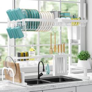 lot 88025 image: Sakugi Over The Sink Dish Drying Rack - Large Drying Rack wAdjustable Length 23.6-35.0, Space-Saving Dish Rack for Kitchen Counter, Multifunctional Stainless Steel 2-Tier Dish Drying Rack, White