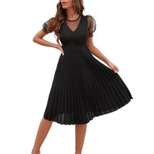 lot 88032 image: WDIRARA Womens Mesh Sheer Puff Sleeve High Rise Elegant Solid Pleated Midi Dress Black L