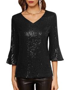 lot 88046 image: Sequin Tops for Women Sexy V-Neck Metallic Sparkly Glitter Party Blouse Black M