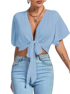 lot 88050 image: LYANER Womens Deep V Neck Tie Front Knot Wrap Ruffle Short Sleeeve Crop Top Blouse Light Blue Large